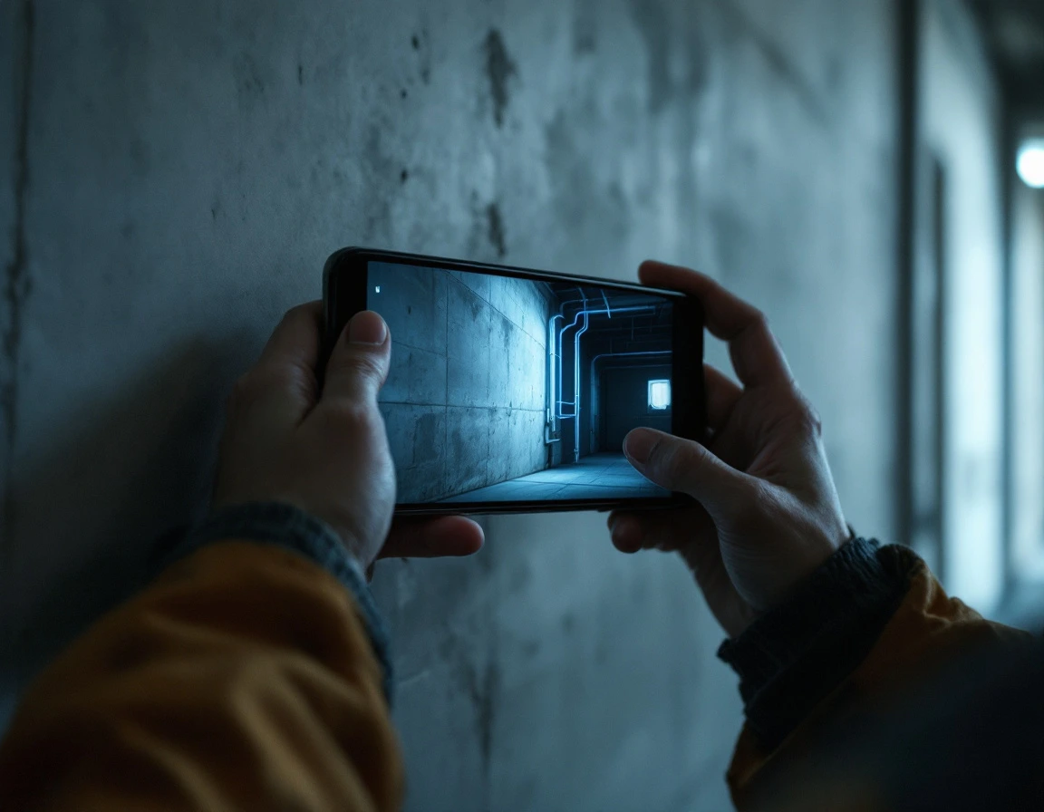 Hands holding a phone in front of a concrete wall; the screen shows the pipes inside the wall as an augmented reality overlay