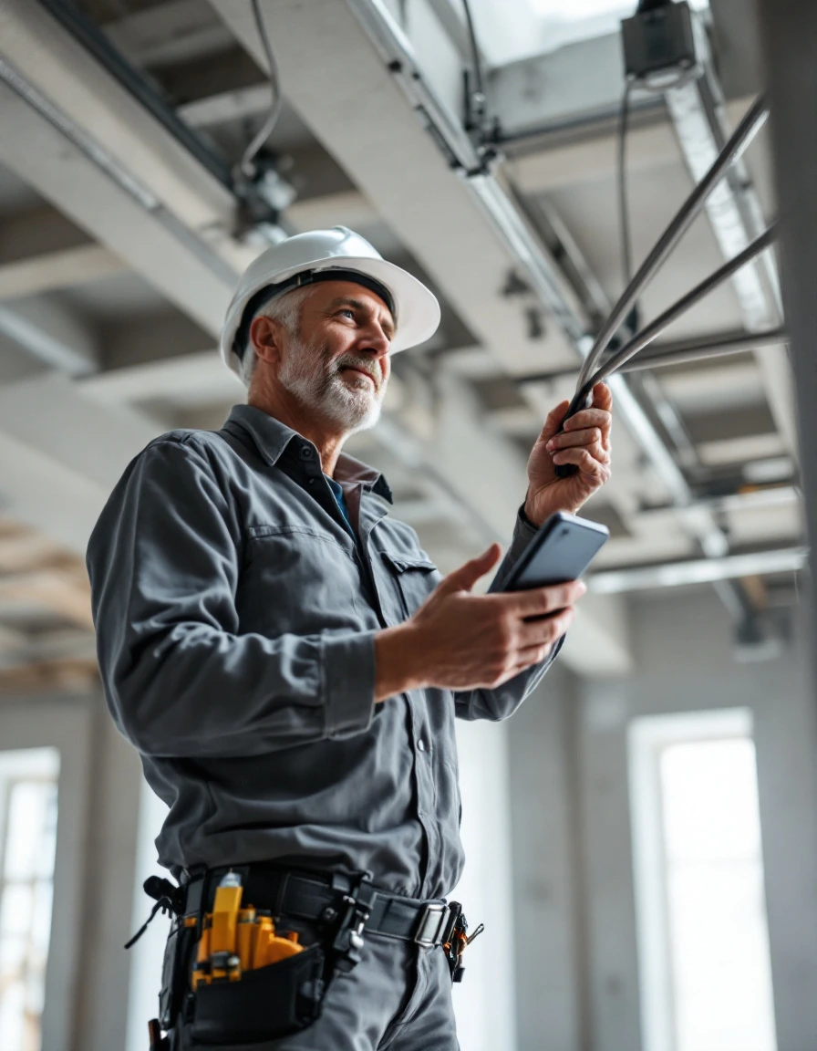 An electrician on a stepladder inspecting cable tray routing revealed inside the ceiling