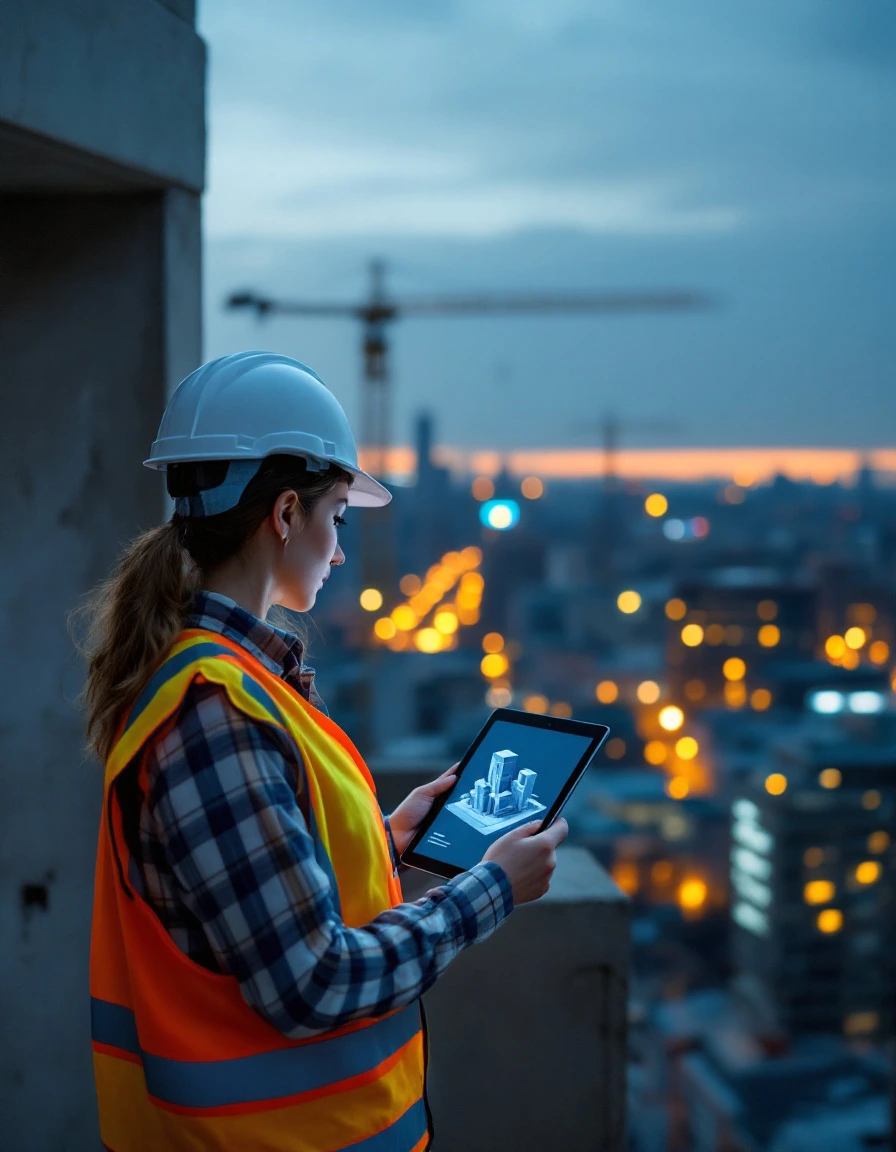 A site manager reviewing the building model on a tablet on an unfinished top floor