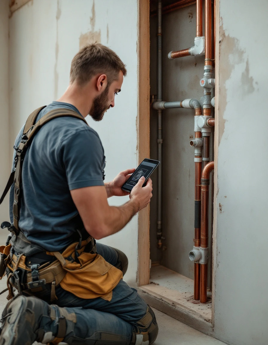 A plumber checking the pipes inside a concrete wall with a phone