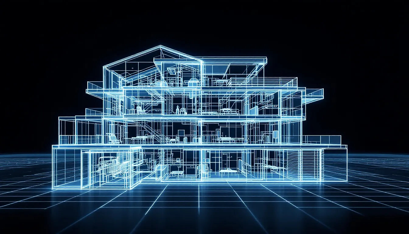 A building rendered as a white wireframe with its internal systems visible
